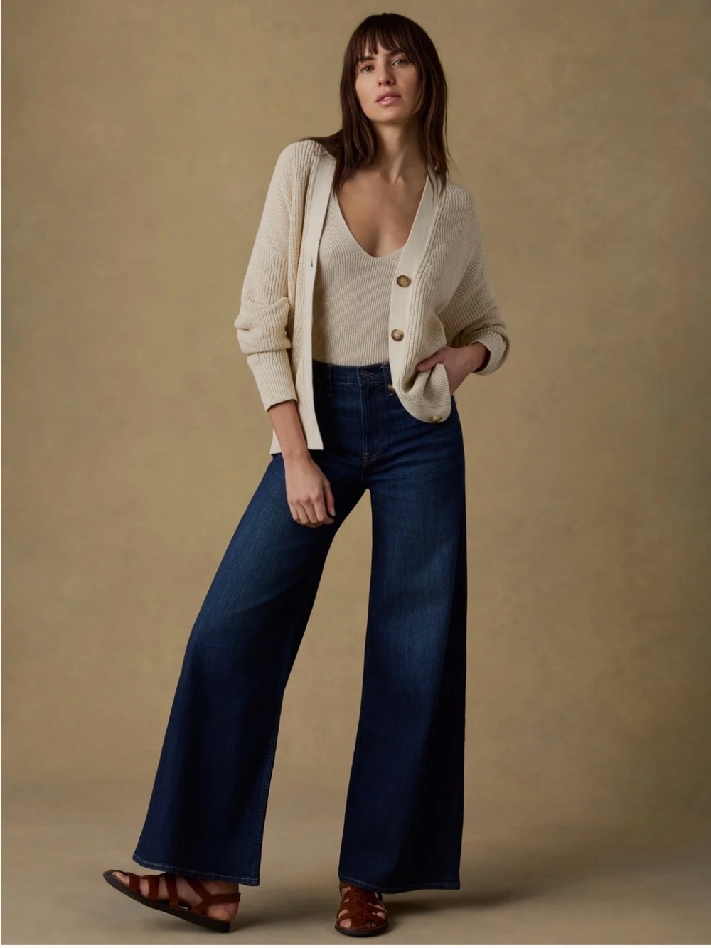 Faherty Cream Ribbed V-Neck Button Cardigan Sweater - Picture 2 of 3